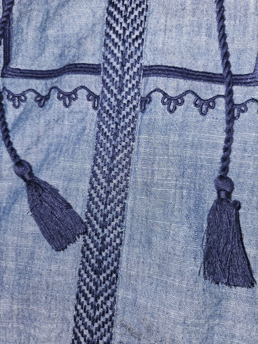 J.Crew Mercantile Chambray Tassel Tie Long Sleeve Embroidered Peasant Top XS